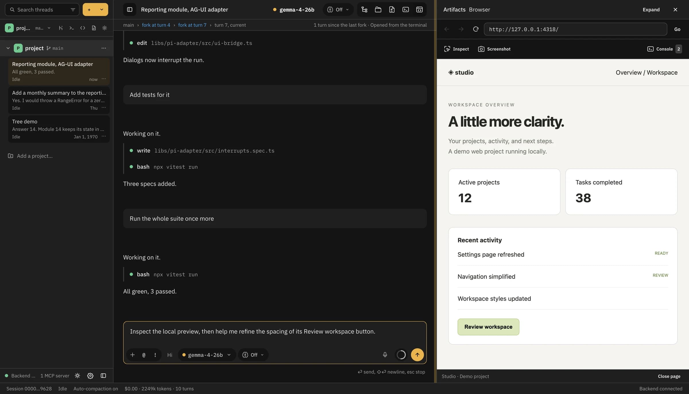 pi-kit with a conversation, model controls, and the native Artifacts browser showing a running local demo project